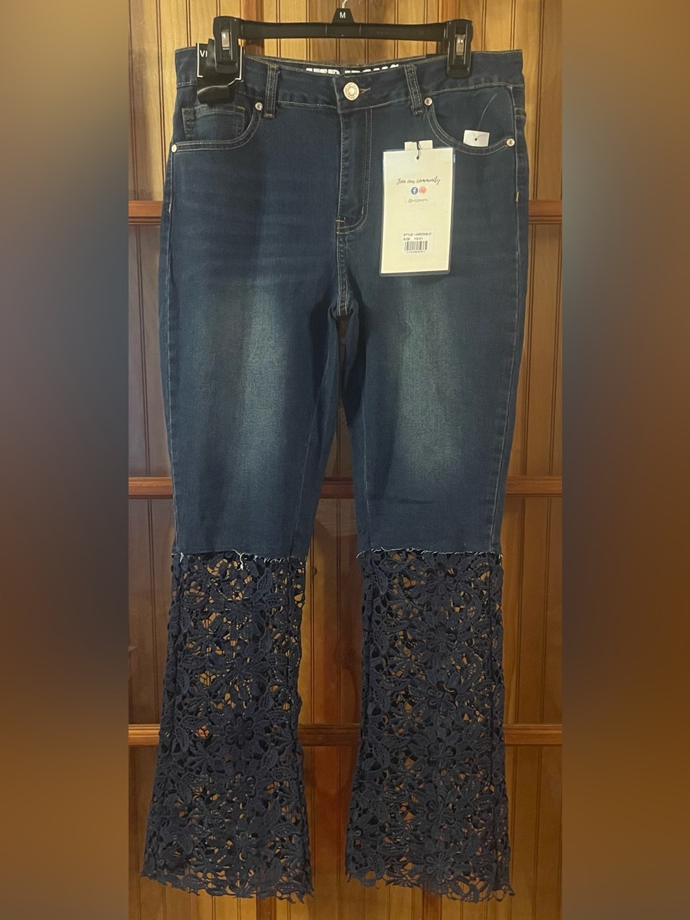 Women's Dark Blue Flare Jeans with Lace Hem